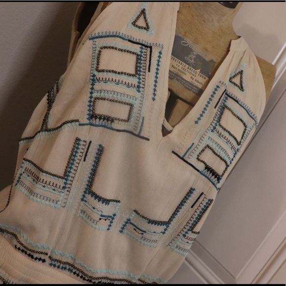 Chloe Oliver Cream 100% Cotton Blue Embroidery Halter Neckline Romper Shorts - Picture 4 of 15